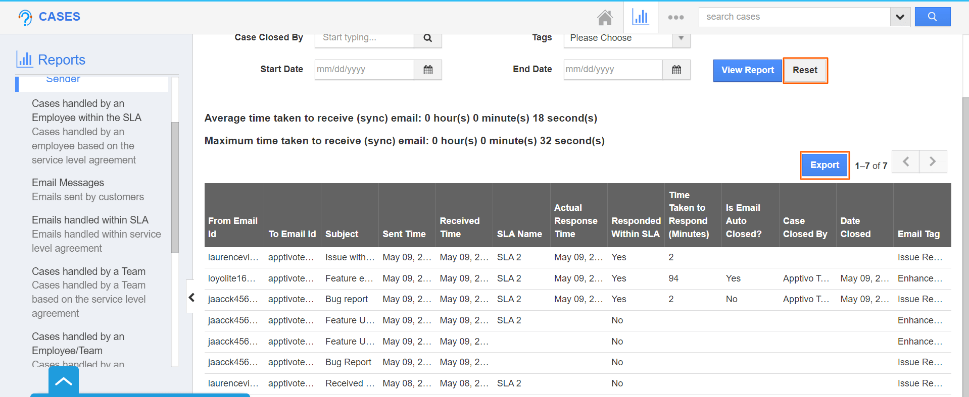 Cases - Email Report Export button